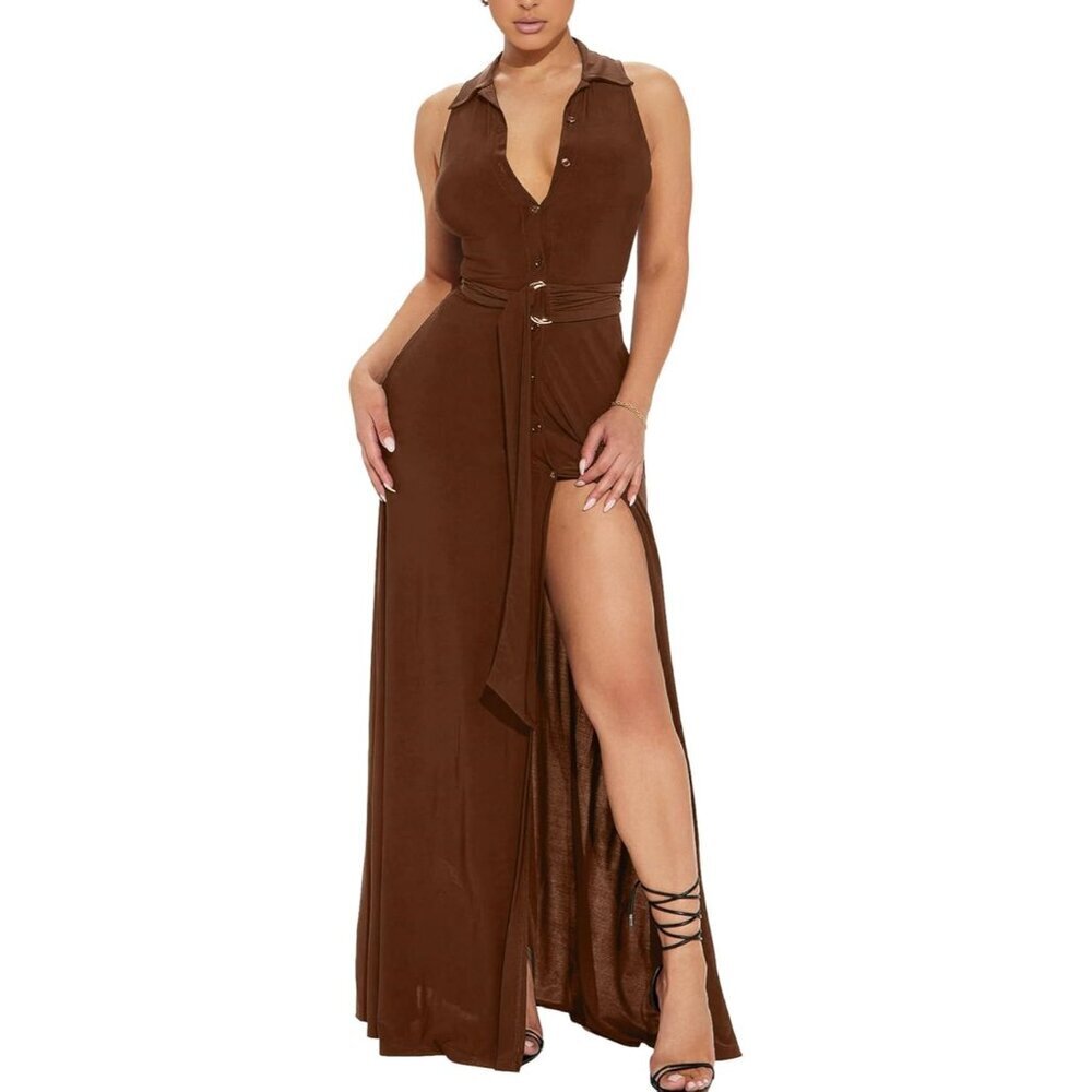 Women's Sleeveless V Neck Maxi Dress High Split Party Cocktail Elegant